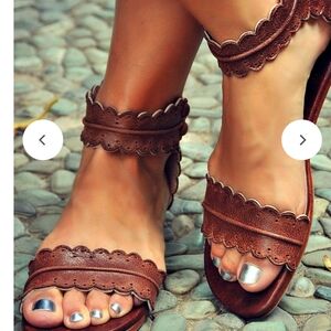 Brown Leather Scalloped Sandals